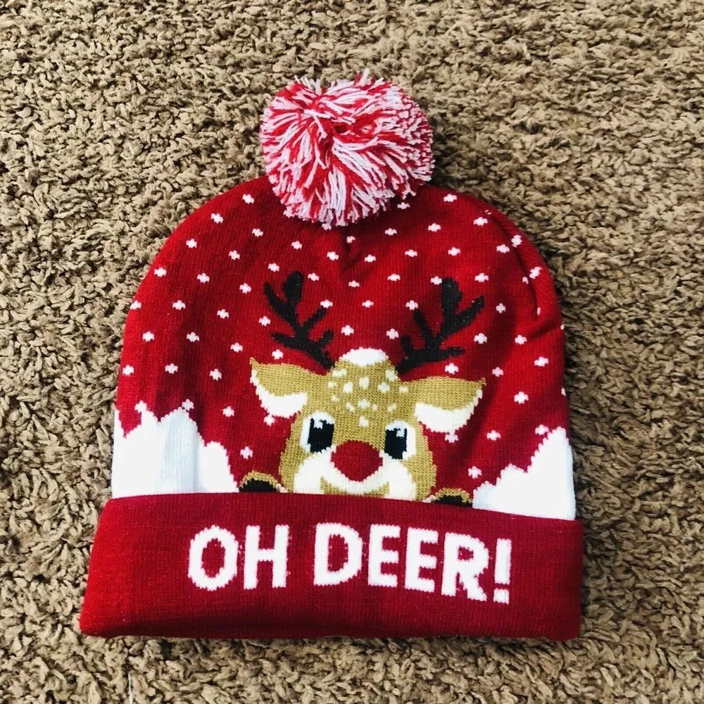 New Merry Christmas Beanie/ Hat/Cap One Size Unisex Adults Oh Deer Red &‎ White